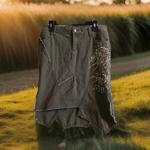 Olive Green Patchwork Skirt  Anthropologie Aziz Y2K Grunge Asymmetrical Sz L